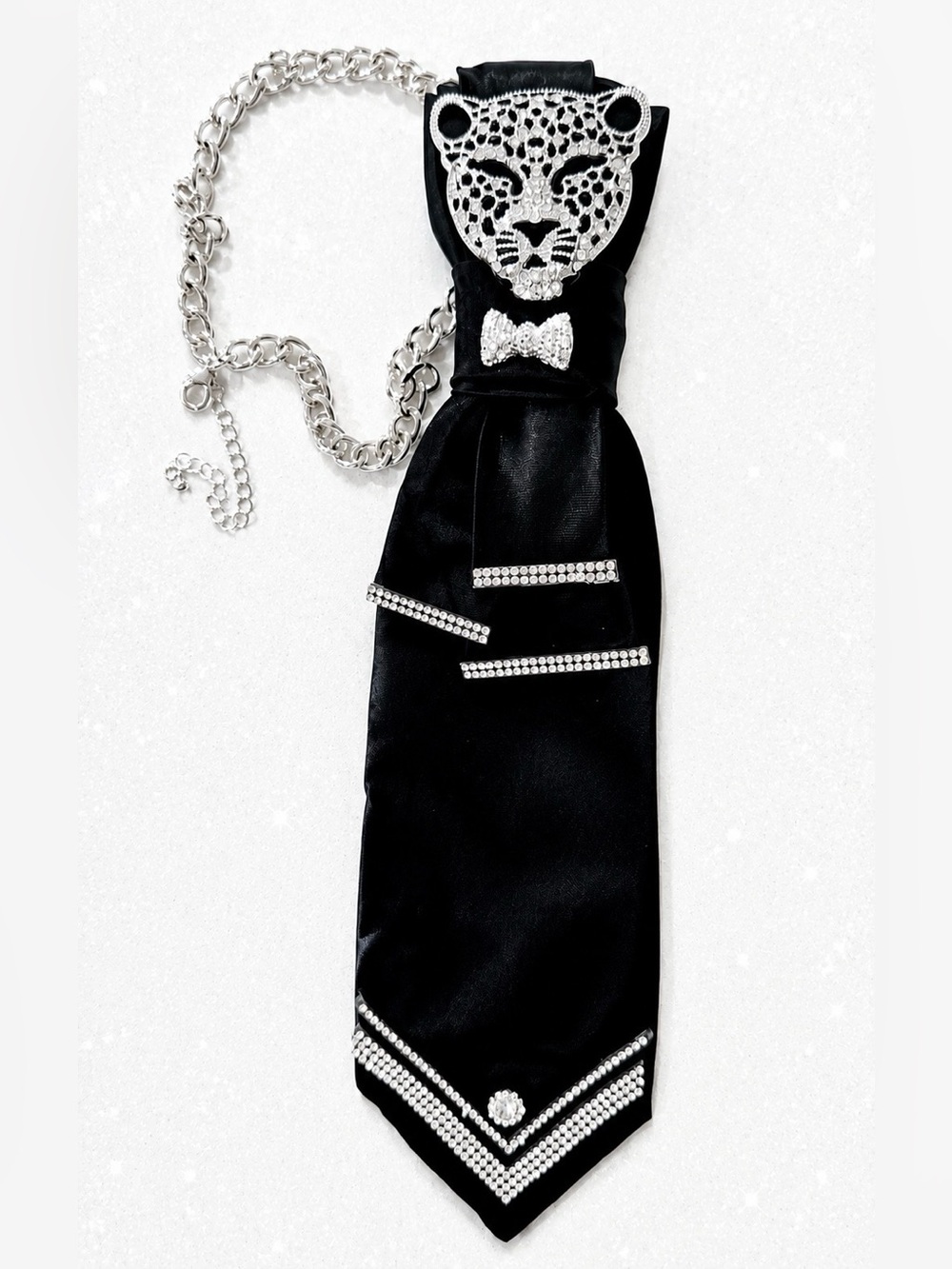 Black Satin TIE NECKLACE w Leopard Rhinestone Brooch and Trim - Unisex
